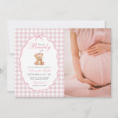 Pink Bow Gingham Teddy Bear Baby shower Foto Kaart (Voorkant)