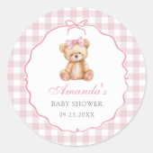 Pink Bow Gingham Teddy Bear Baby shower Ronde Sticker (Voorkant)