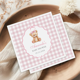 Pink Bow Gingham Teddy Bear Baby shower Servet