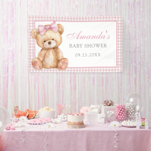 Pink Bow Gingham Teddy Bear Baby shower Spandoek (Feest)