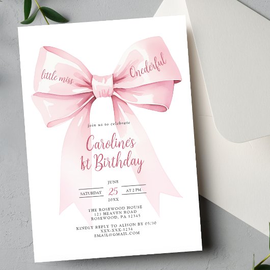 Pink Bow Girl 1er Invitation anniversaire