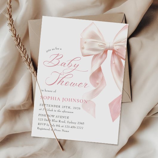 Pink Bow Girl Baby Shower Invitation