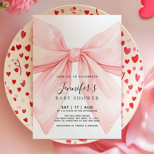 Pink Bow Girl Baby Shower Invitation