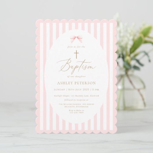 Pink Bow Girl Baptism Invitation (Debout devant)
