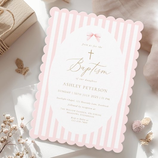 Pink Bow Girl Baptism Invitation