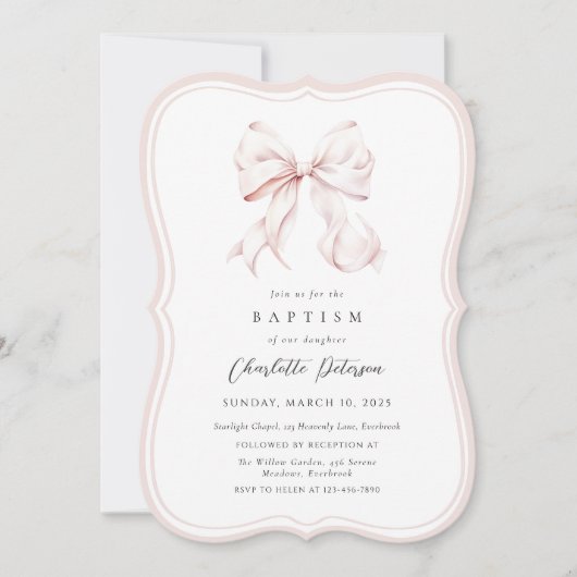 Pink Bow Girl Doop Uitnodiging (Voorkant)