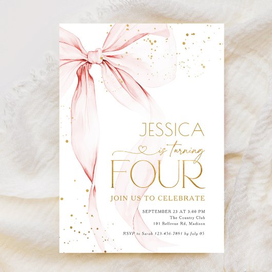 Pink Bow Girls 4th Birthday  Kaart