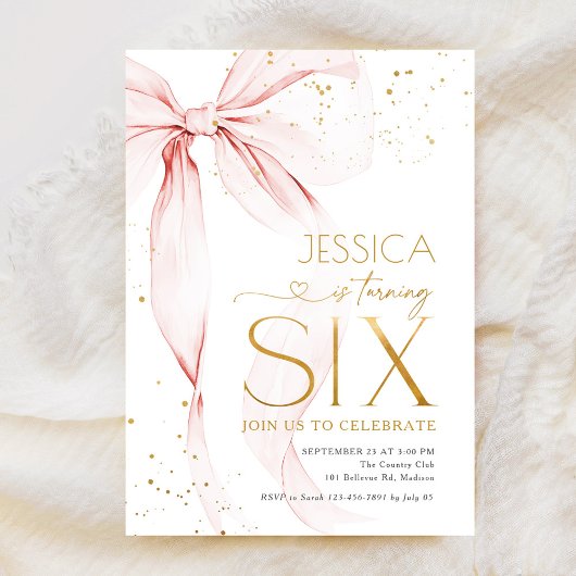 Pink Bow Girls 6th Birthday  Kaart