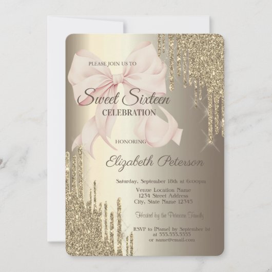 Pink Bow Glitter Drips Champagne Sweet 16 Kaart (Voorkant)