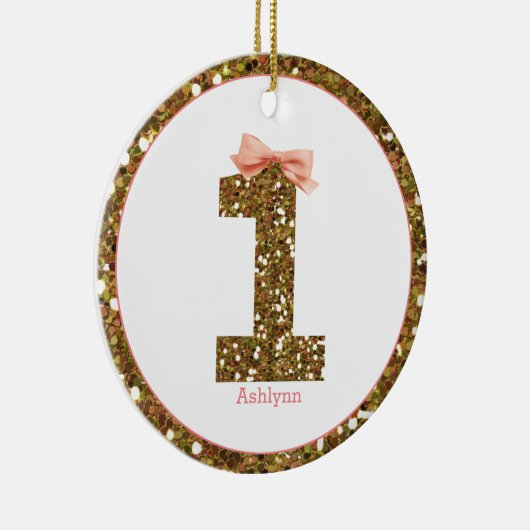 Pink Bow Gold Glitter Eén eerste verjaardag Keramisch Ornament (Rechts)