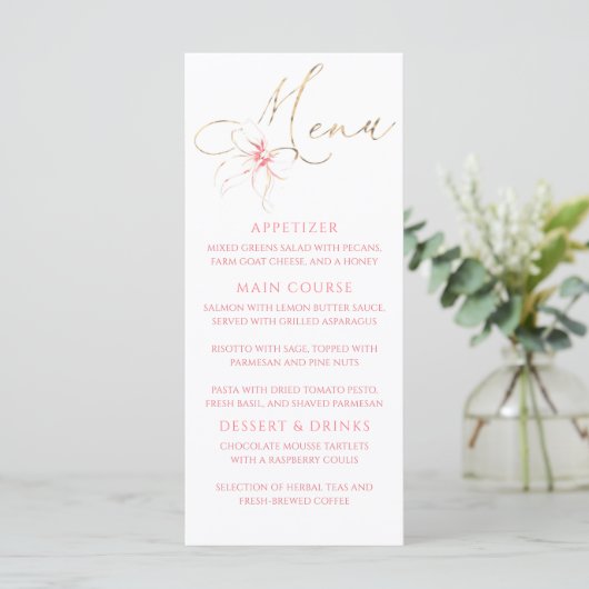 Pink Bow Gold Typography Elegant Party Menu (Debout devant)