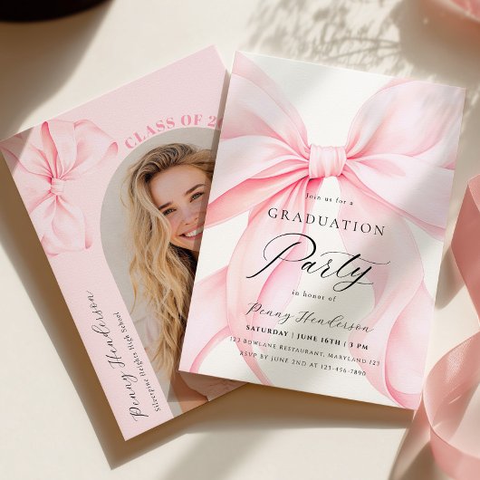Pink Bow Graduation Photo Invitation