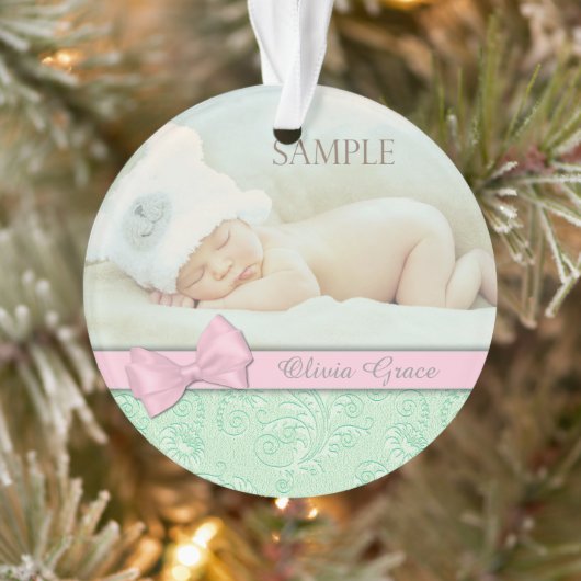 Pink Bow Green Pastel Baby 1er Noël Photo (Arbre)