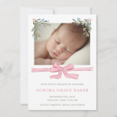 Pink Bow Greenery Christmas Baby Aankondiging (Voorkant)