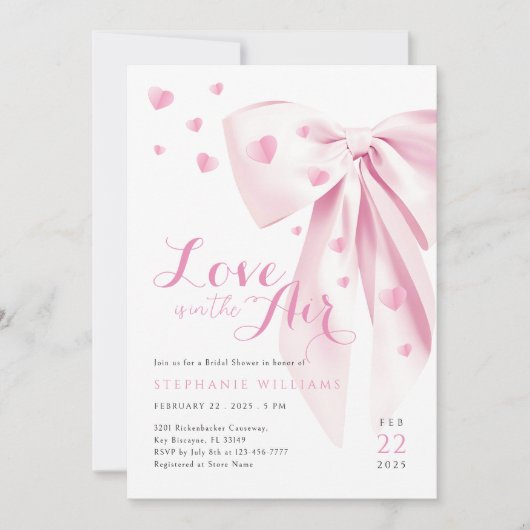 Pink Bow Hearts Invitation à la douche nuptiale (Devant)