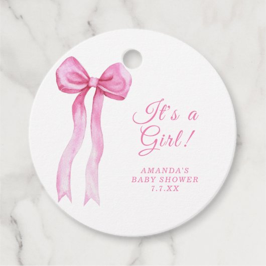 Pink Bow Het is een meisje Baby shower Bedankjes Labels (Voorkant)