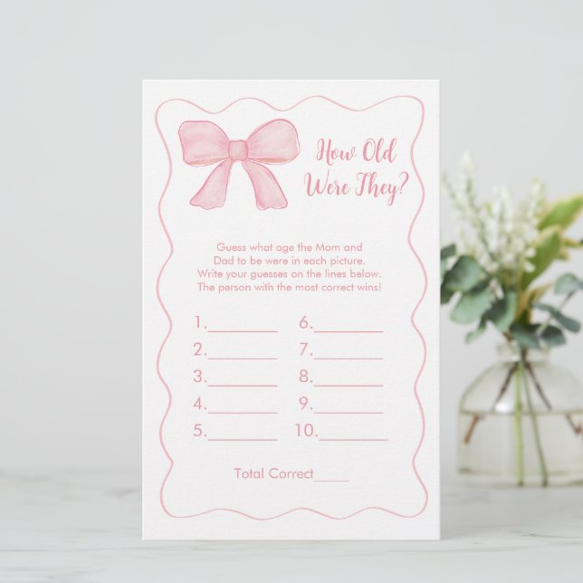 Pink Bow Hoe oud waren ze Baby shower spel (Staand voorkant)