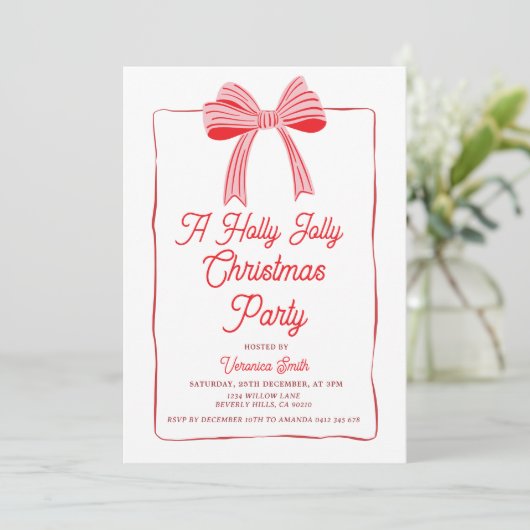 Pink Bow Holly Holiday Party Festive Kaart (Staand voorkant)