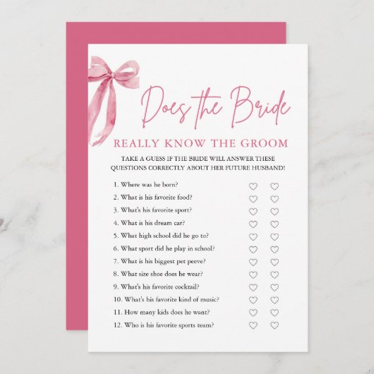 Pink Bow kent de bruid echt het bruidegom spel Kaart (Voorkant / Achterkant)