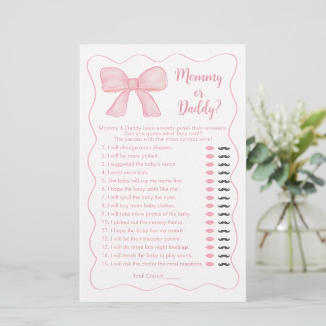 Pink Bow Mama of Daddy Baby shower Spel (Staand voorkant)