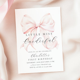 Pink Bow Miss Onederful eerste verjaardag uitnodig Kaart