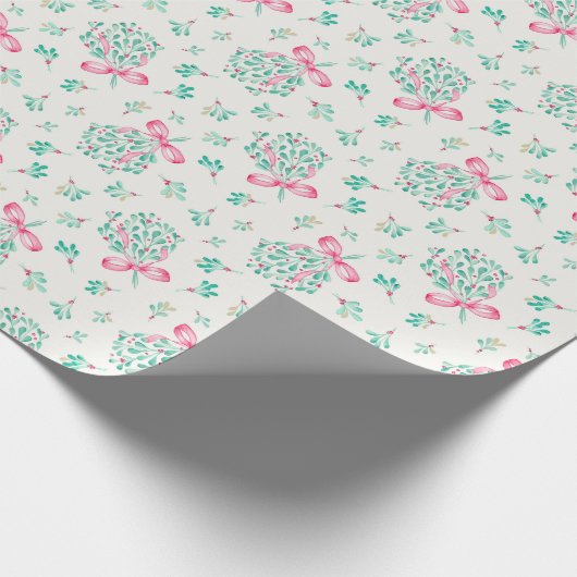 Pink Bow Mistletoe Baby shower Wrapping Paper Cadeaupapier (Hoek)