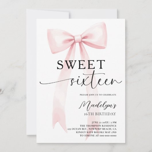 Pink Bow Modern Elegant Simple Chic Sweet 16 Kaart (Voorkant)