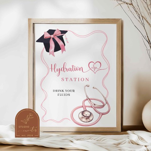 Pink Bow Nurse Afstuderen Hydration Station Sign Poster