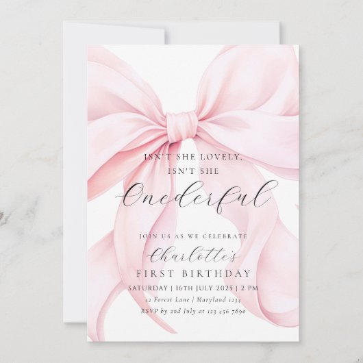 Pink Bow Onederday Invitation d'anniversaire (Devant)