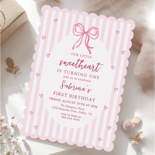 Pink Bow Our Little Sweetheart Birthday Invitation