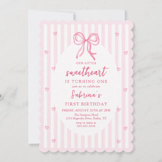 Pink Bow Our Little Sweetheart Birthday Invitation Kaart