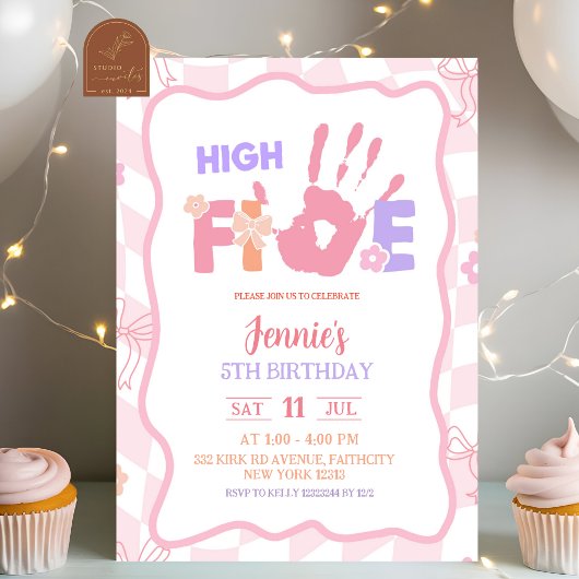 Pink Bow Pastel Retro High Five Party Birthday Kaart