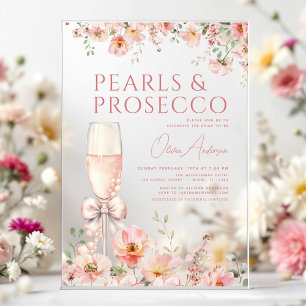 Pink Bow Pearls & Prosecco Vrijgezellenfeest Acryl Uitnodigingen