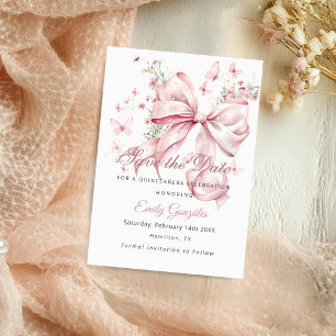 Pink Bow Pearls Quinceañera Save The Date Kaart