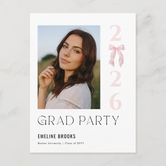 Pink Bow Photo Grad Party Graduation Invitation (Devant)