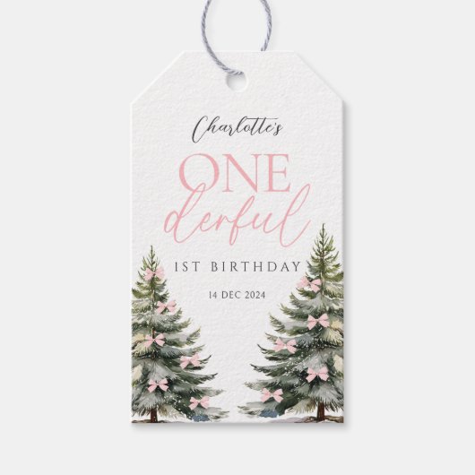 Pink Bow Pine Trees Winter Onederland 1st Birthday Cadeaulabel (Voorkant)