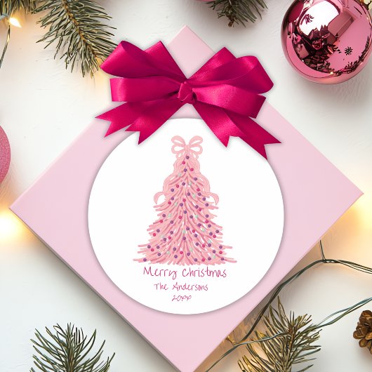 Pink Bow Pink Christmas Tree Ronde Sticker