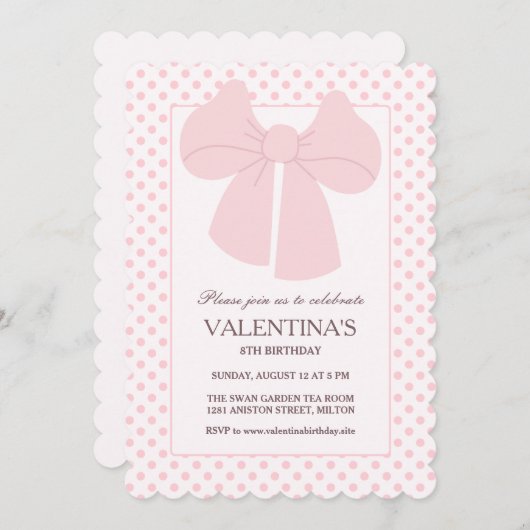 Pink bow pois filles invitation anniversaire (Devant / Derrière)