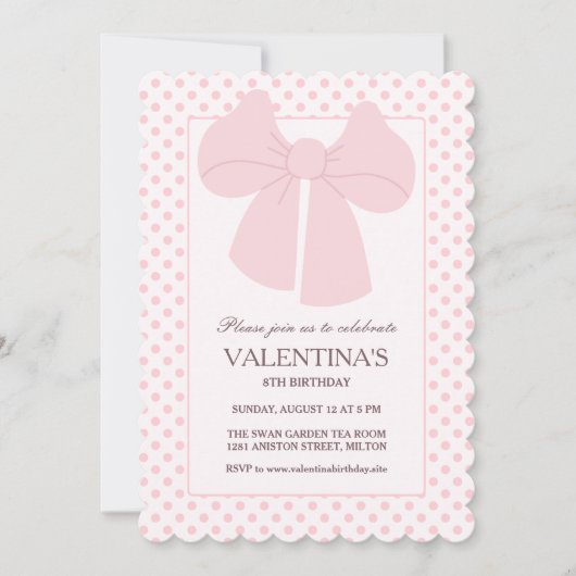Pink bow pois filles invitation anniversaire (Devant)