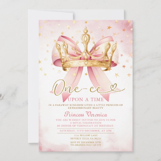 Pink Bow Princess ONE-CE Upon a time 1st birthday Kaart (Voorkant)