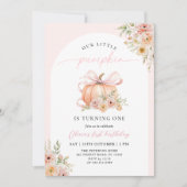 Pink Bow Pumpkin Floral First Birthday Kaart (Voorkant)
