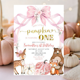 Pink Bow Pumpkin Woodland Animals eerste verjaarda Kaart