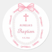 Pink Bow Ribbon Lijst doop Ronde Sticker (Voorkant)