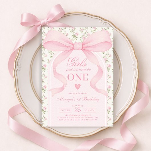 Pink Bow Rose Girls Just Wanna Be One 1st Birthday Kaart