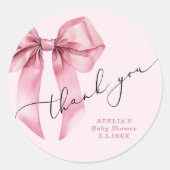 Pink Bow script Baby shower Bedankt Ronde Sticker (Voorkant)