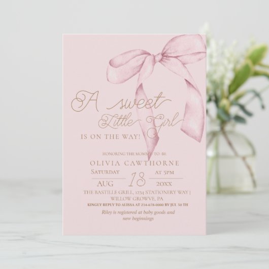 Pink Bow Script Baby Shower Invitation (Debout devant)