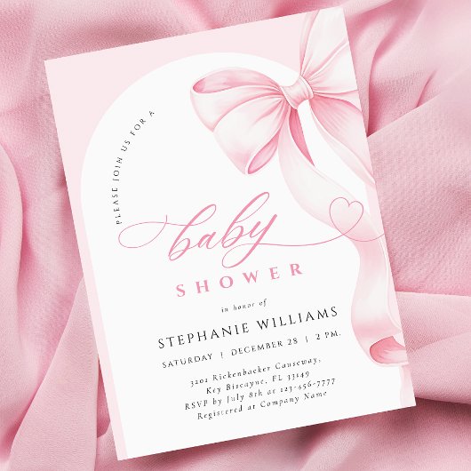 Pink Bow Script Baby Shower Invitation Kaart
