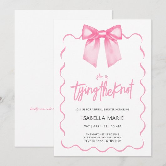 Pink Bow Script nuptiale douche Invitation (Devant / Derrière)