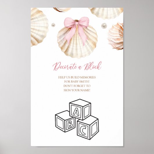 Pink Bow Shell Baby Shower Decorate Block Sign Poster (Voorkant)
