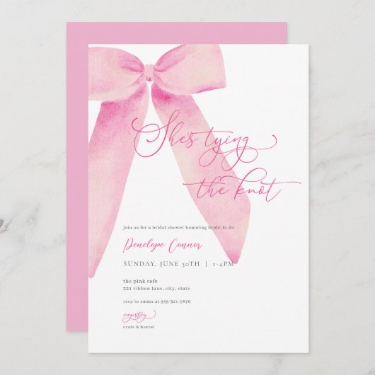 Pink Bow She's Tying the Knot Invitation Fête des (Devant / Derrière)